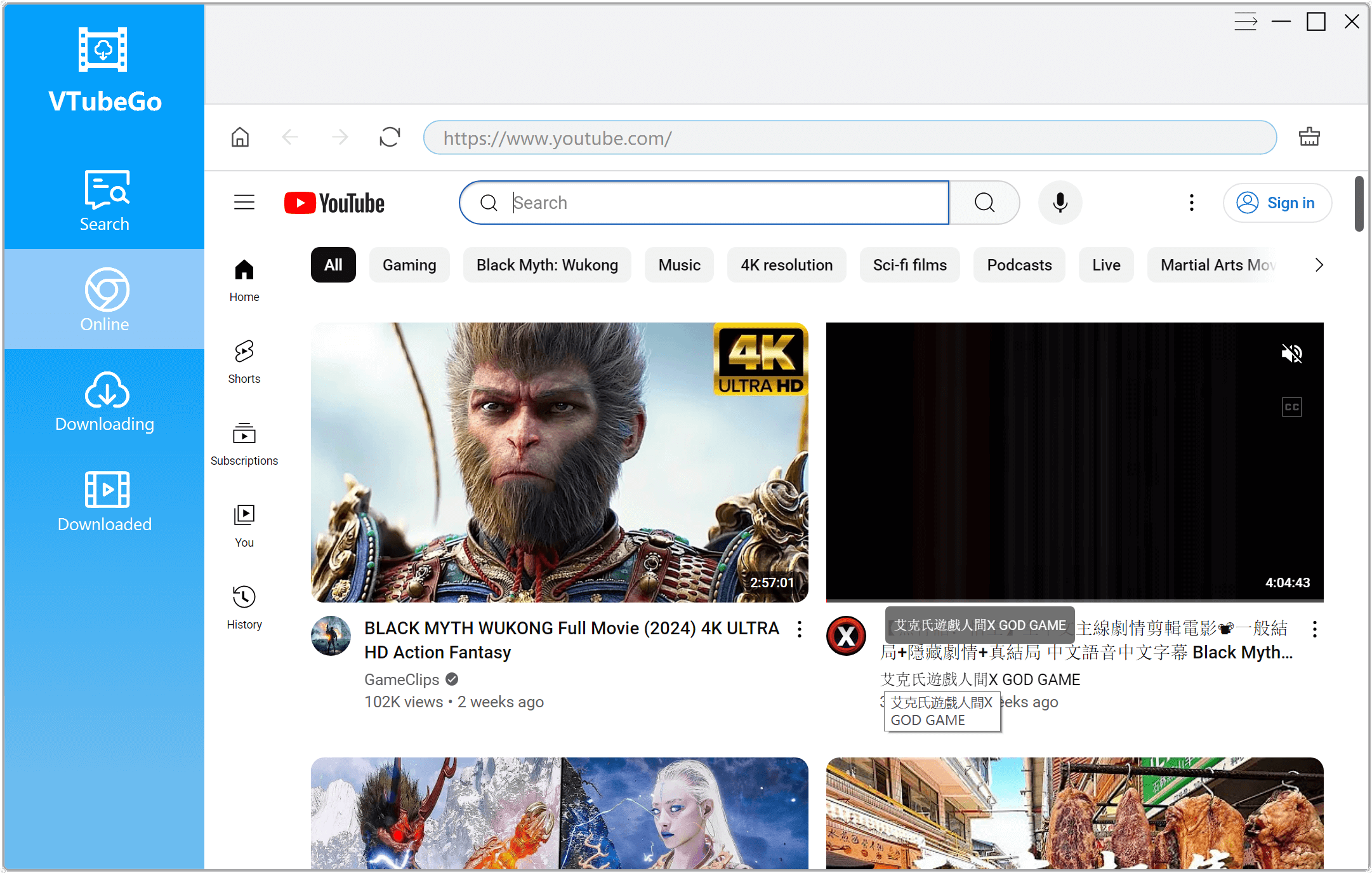 Browse all youtube black Myth Wukong videos in the VTubeGo built-in browser